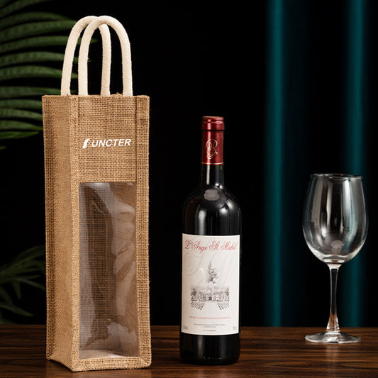 Reusable Jute Burlap Single Bottle Wine Gift Tote Bags w/ Window