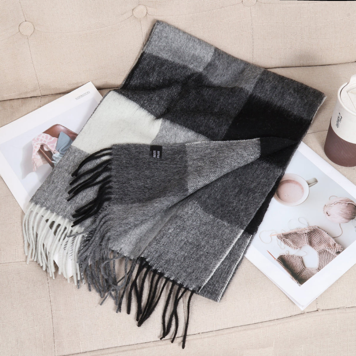 69'' Cashmere 100% Lambswool Tartan Scarf Warm Autumn Winter Scarf Solid Color Fringed Wool Scarf