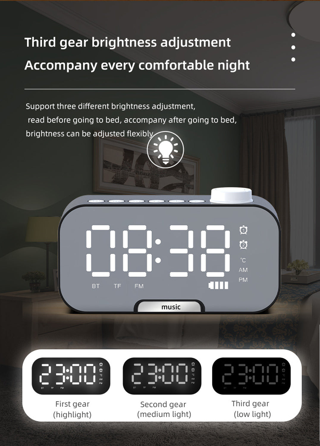 2000 mAh Digital LED Mirror Radio Alarm Clock Wireless Speaker W/Knob And Phone Bracket