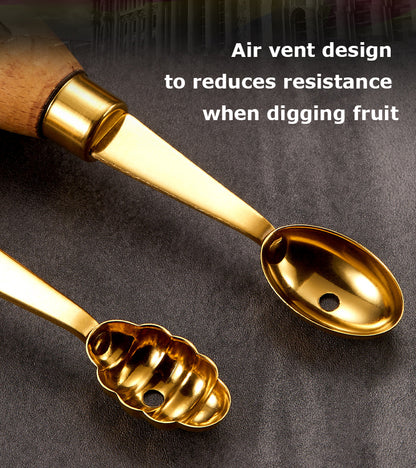 Oval Gold 304 Stainless Steel Fruit Scoop Watermelon Scoop Ice Cream Scoop With Wood Handle