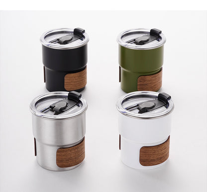10 oz Coffee Mug Camping Mug with Flip Lid Stainless Steel Travel Tumbler Cup W/ Wood Hand Protector