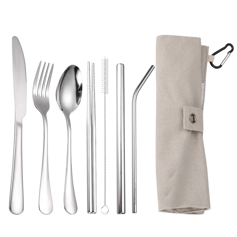 7-Piece 304 Stainless Steel Flatware Chopstick Spoon Straw Fork Knife Tableware Set W/Bag(Model A)