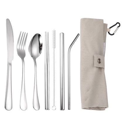 7-Piece 304 Stainless Steel Flatware Chopstick Spoon Straw Fork Knife Tableware Set W/Bag(Model A)