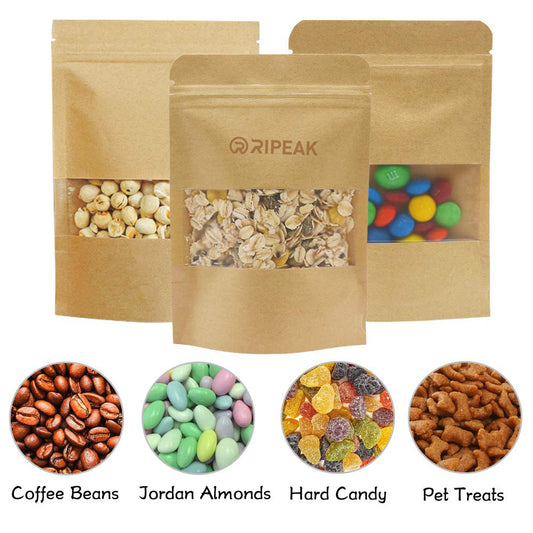 4 x 5.9" Kraft Bags with Window Stand Up Ziplock Seal Paper Bag Resealable Food Storage Pouch