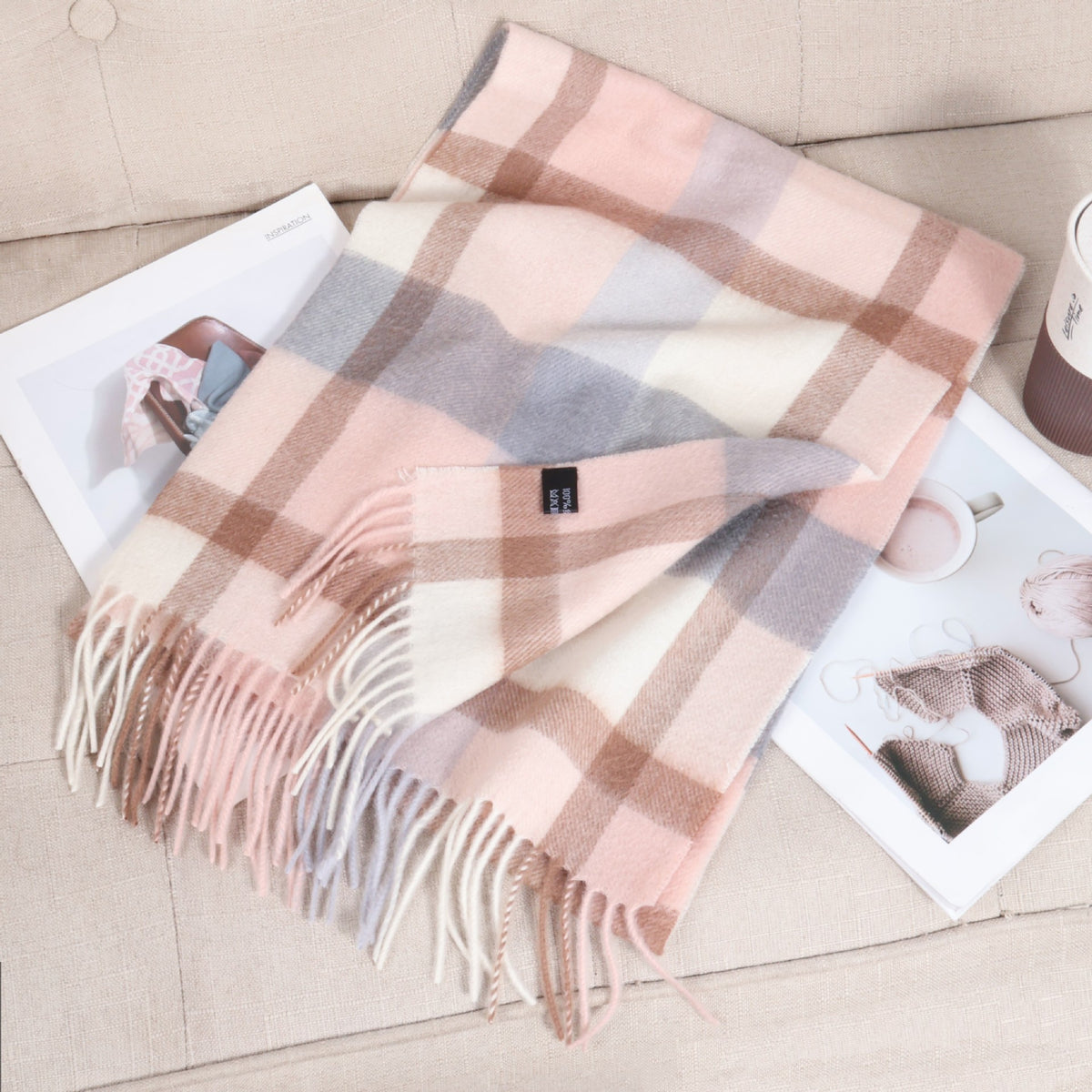 69'' Cashmere 100% Lambswool Tartan Scarf Warm Autumn Winter Scarf Solid Color Fringed Wool Scarf