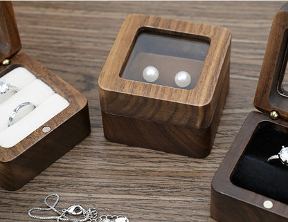 Rectangle Wooden Jewelry Ring Box W/ Window Cover