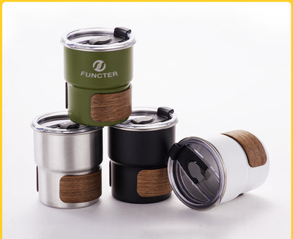 10 oz Coffee Mug Camping Mug with Flip Lid Stainless Steel Travel Tumbler Cup W/ Wood Hand Protector