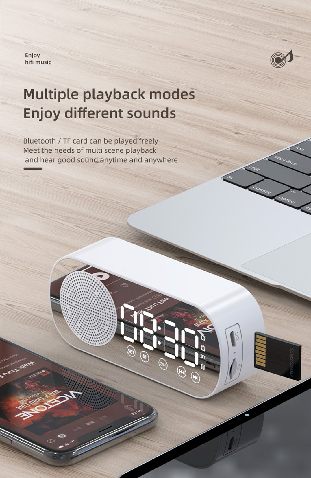 2000 mAh Digital LED Mirror Radio Alarm Clock Wireless Speaker