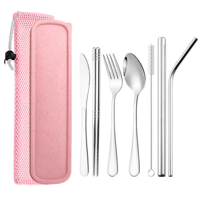 304 Stainless Steel Spoon Chopsticks Straw 7 Piece Tableware Set