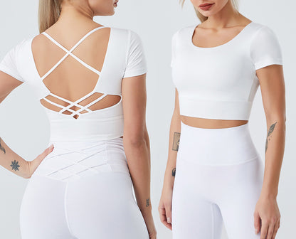 Women's Yoga Sports Bra Strappy Bralette Bra Short Sleeve Yoga Athletic Shirt(Model B)