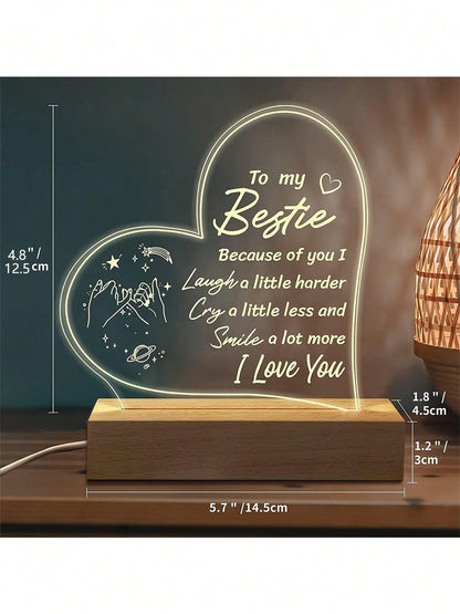 Custom Heart Shape Transparent Acrylic LED Night Light Light Up Sign With Wood Base