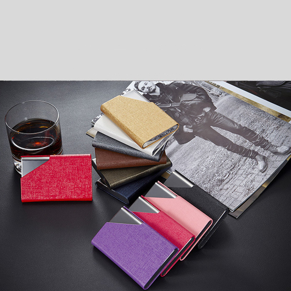 Business Card Cases PU Leather Name Card Holders Stainless Steel Multi Card Holders for Men Women