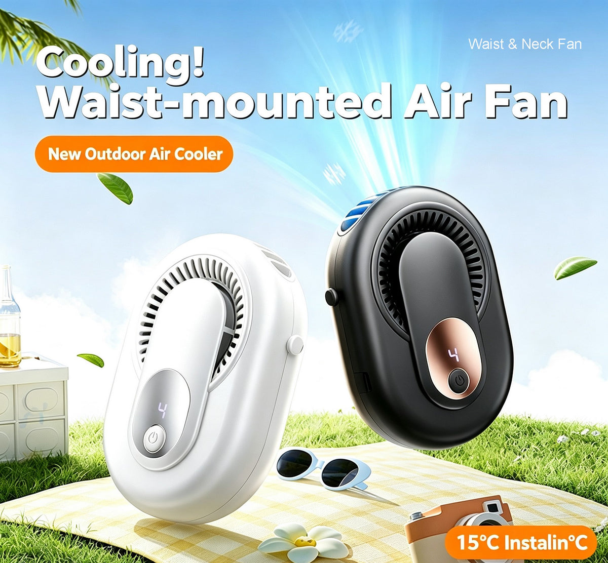 Portable Wearable Waist Fan, Rechargeable Neck & Waist Mounted Cooling Fan