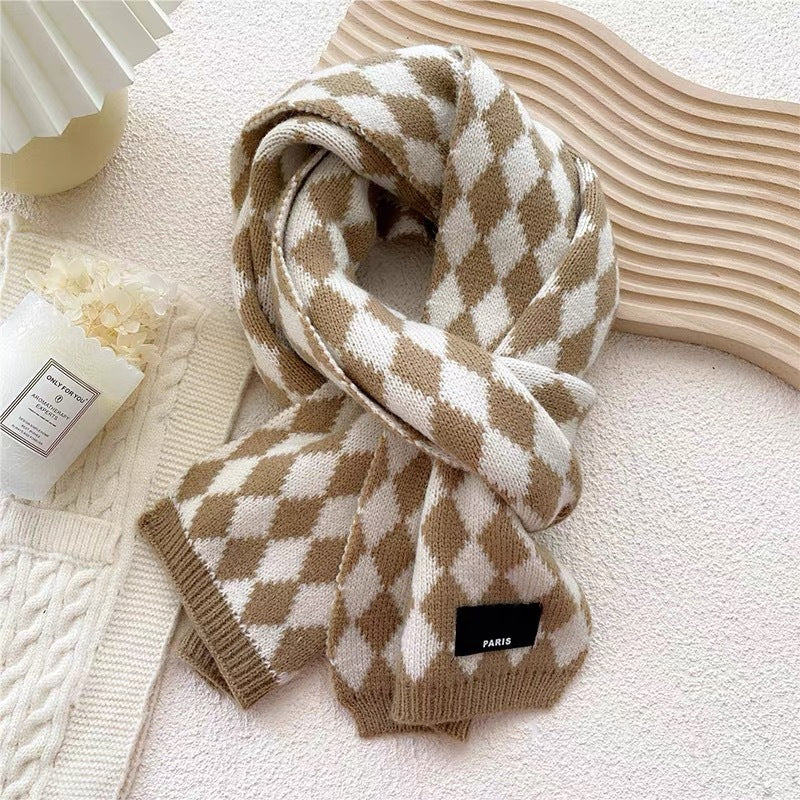 63" Polyester Checkerboard Plaid Scarf Cable Knitted Scarf Wrap Chunky Long Warm Scarf-Woven Label
