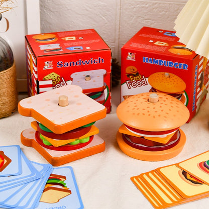 Wooden Sandwich/ Burger Stacking Toy Kids Pretend Play Food Set W/ Order Cards
