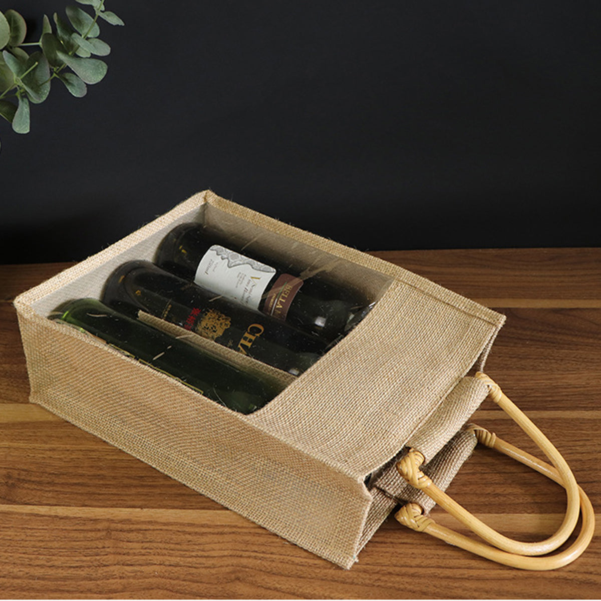 3 Bottles Wine Bag Cane Handles Jute Wine Tote w/ Window