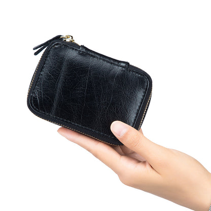 Full-grain Genuine Leather Zipper Makeup Bag Handle Bag Lipstick Storage Pouch W/Makeup Mirror