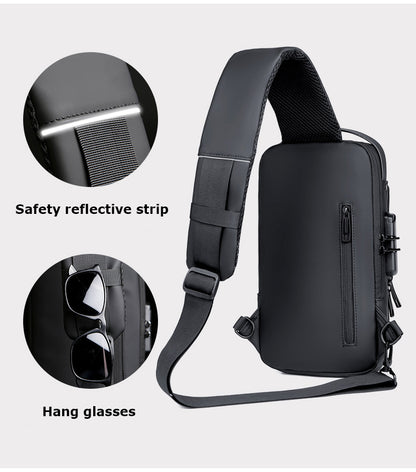 Men's Sling Bag Chest Shoulder Backpack Crossbody Bag W/USB Charging Port and Coded Lock
