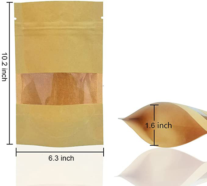 6.3 x 10.2" Kraft Bags with Window Stand Up Ziplock Seal Paper Bag Resealable Food Storage Pouch