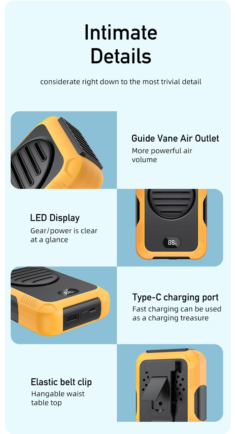 Portable Waist Clip Fan, Rechargeable Belt Fan W/ Power Bank & LED Display