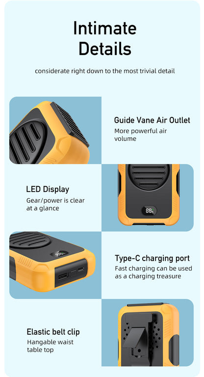 Portable Waist Clip Fan, Rechargeable Belt Fan W/ Power Bank & LED Display