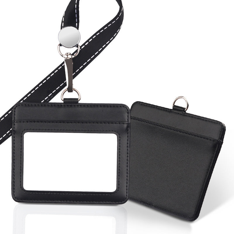 Horizontal Leather Employee's ID Badge Holder Card Holder With Lanyard