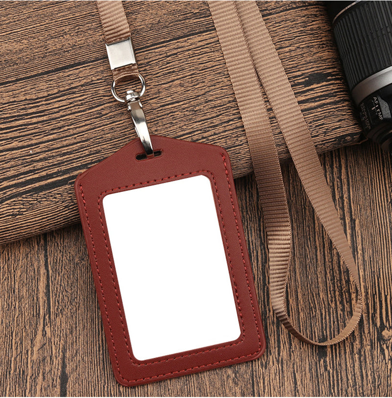 Leather Vertical ID Badge Card Holder With Lanyard