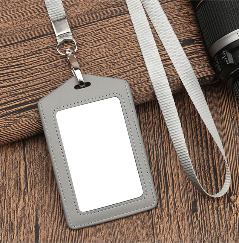 Leather Vertical ID Badge Card Holder With Lanyard