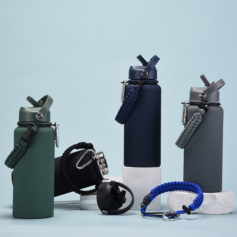 32oz Vacuum Insulated Water Bottle w/Straw Lid Paracord Handle Built-in Straw 1000ml Water Bottle
