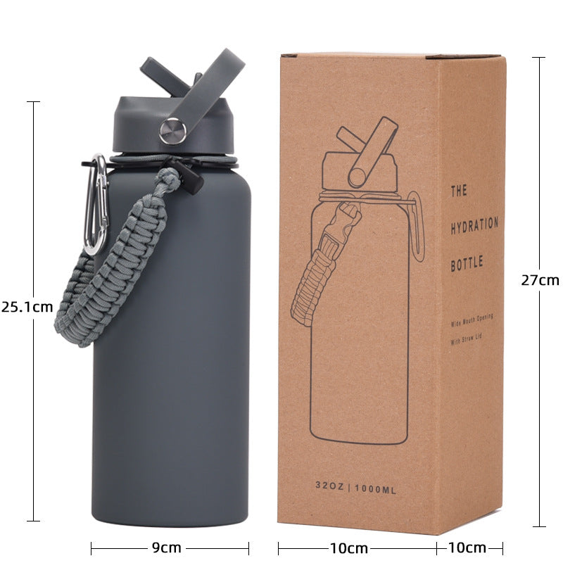 32oz Vacuum Insulated Water Bottle w/Straw Lid Paracord Handle Built-in Straw 1000ml Water Bottle