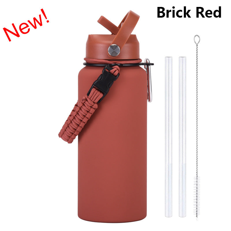 32oz Vacuum Insulated Water Bottle w/Straw Lid Paracord Handle Built-in Straw 1000ml Water Bottle