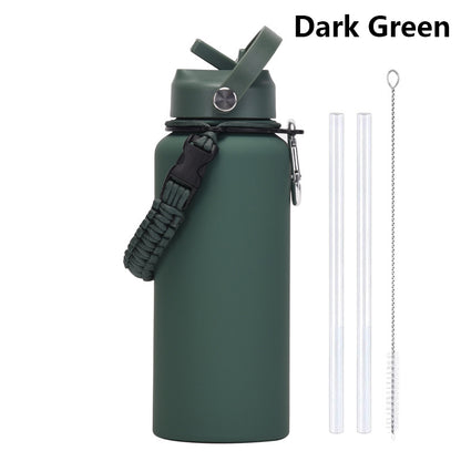 32oz Vacuum Insulated Water Bottle w/Straw Lid Paracord Handle Built-in Straw 1000ml Water Bottle