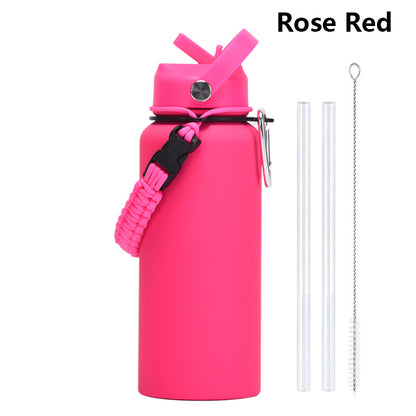 32oz Vacuum Insulated Water Bottle w/Straw Lid Paracord Handle Built-in Straw 1000ml Water Bottle