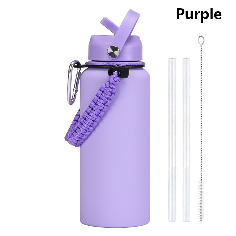 32oz Vacuum Insulated Water Bottle w/Straw Lid Paracord Handle Built-in Straw 1000ml Water Bottle