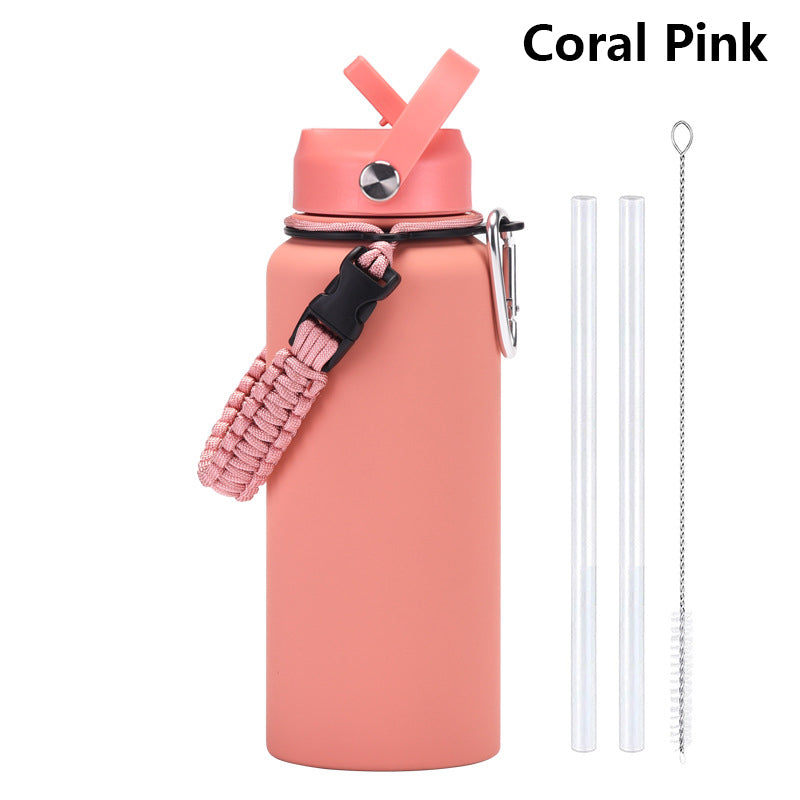 32oz Vacuum Insulated Water Bottle w/Straw Lid Paracord Handle Built-in Straw 1000ml Water Bottle