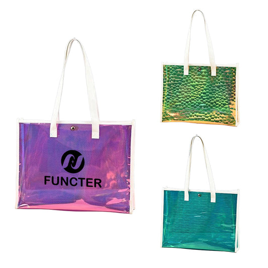 Holographic Iridescent Clear Jelly Tote Bag W/ Magnetic Buckle
