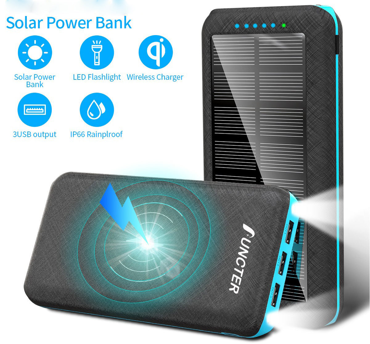 20000 mAh Solar Charger & Wireless Power Bank W/ LED Light