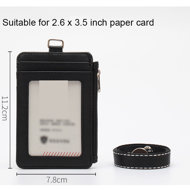 PU Leather ID Card Holder Badge Holder Zippered Wallet With Lanyard