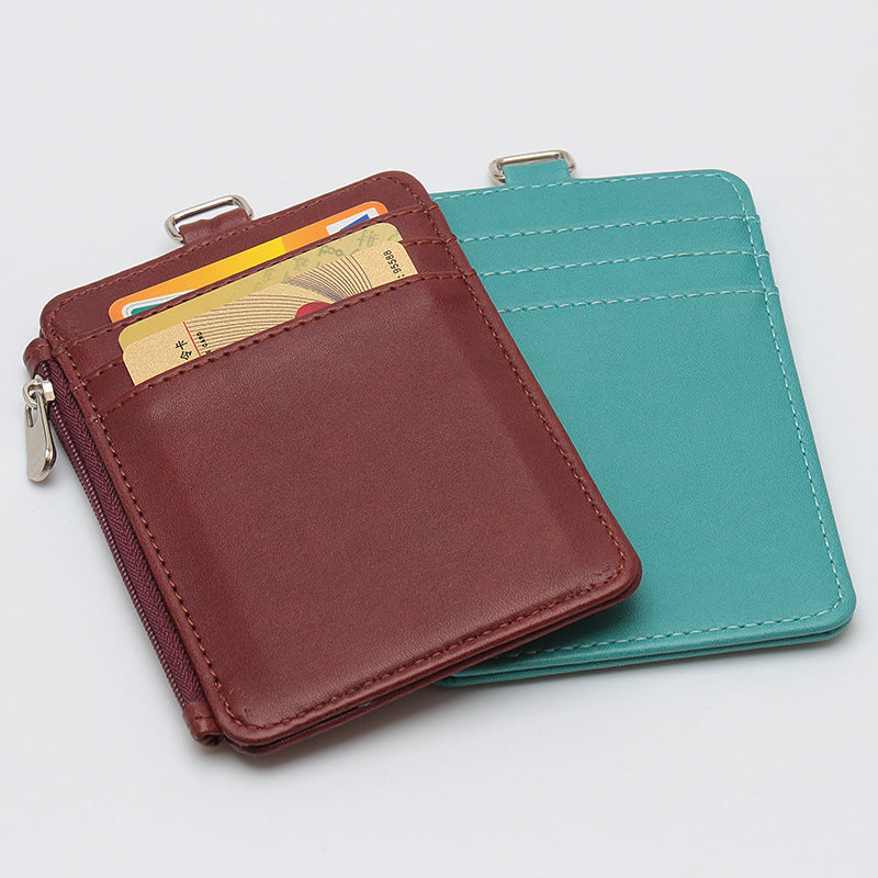 PU Leather ID Card Holder Badge Holder Zippered Wallet With Lanyard