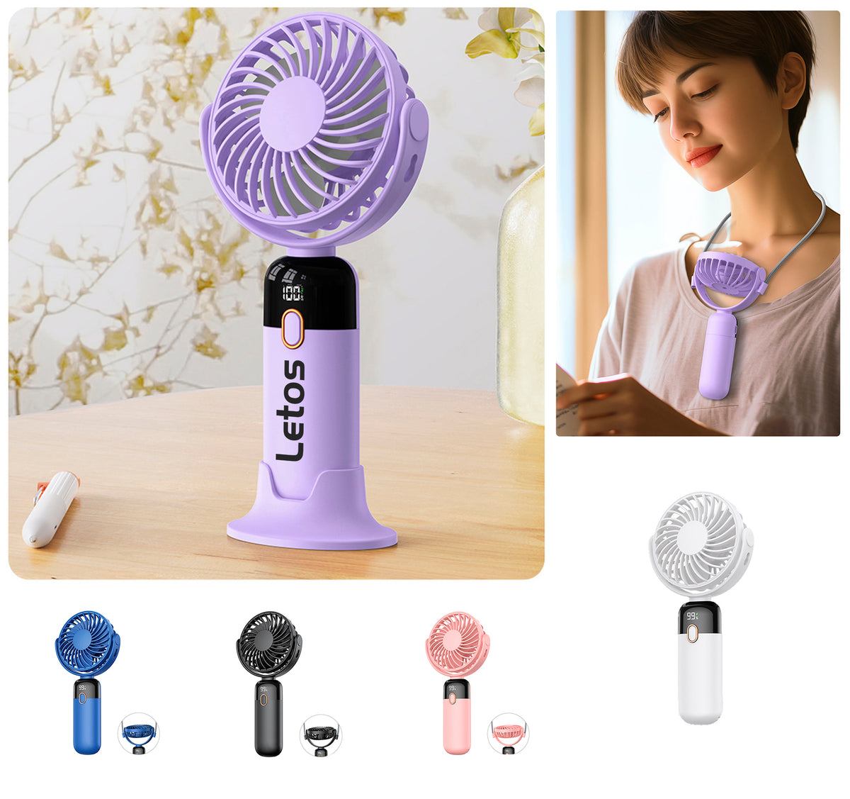 5000 mAh Portable Rotatable Fan Hand Held Small Personal Fan Neck Fan W/ Lanyard