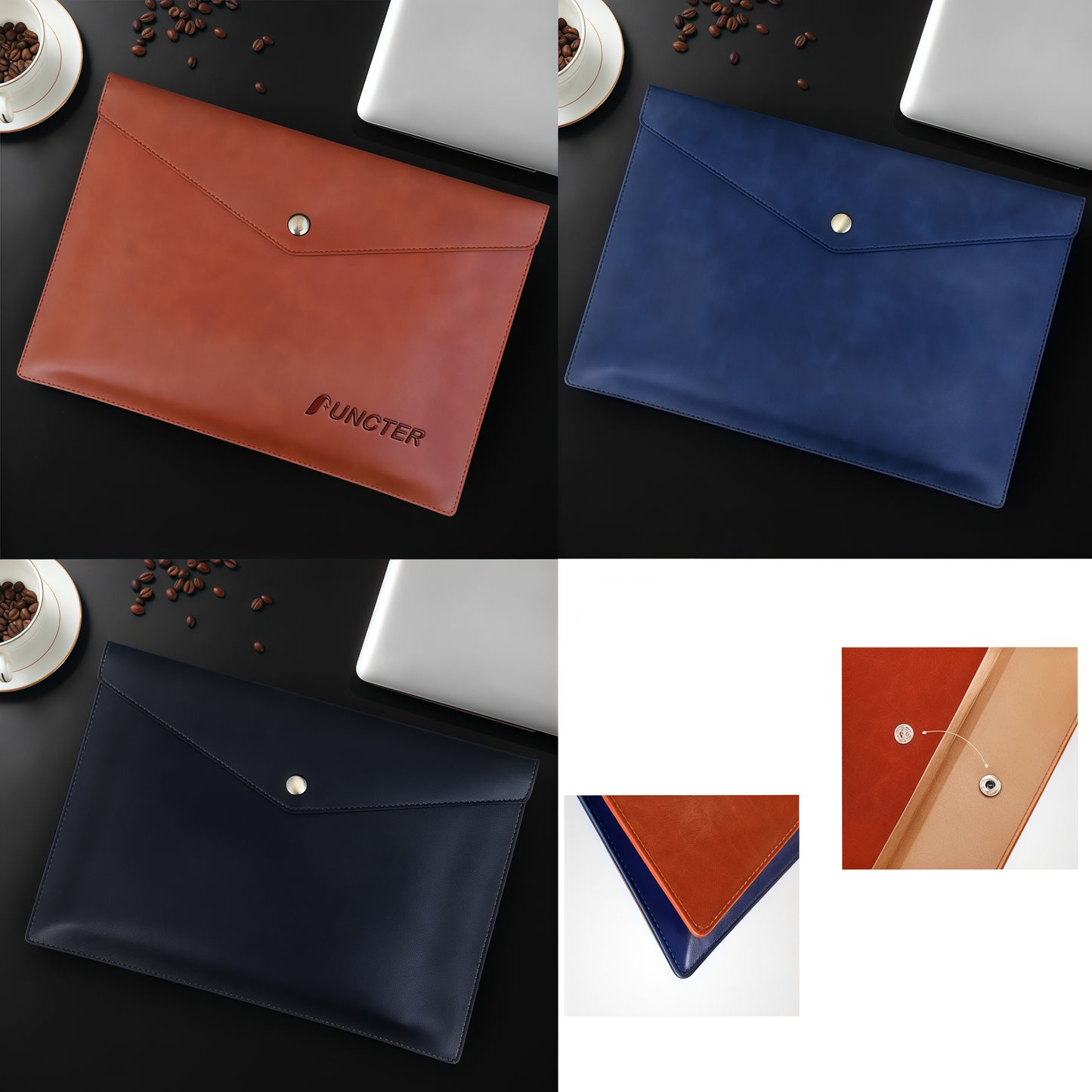 A4 PU Leather Document Organizer File Bag Sleeve Pouch With Button Closure
