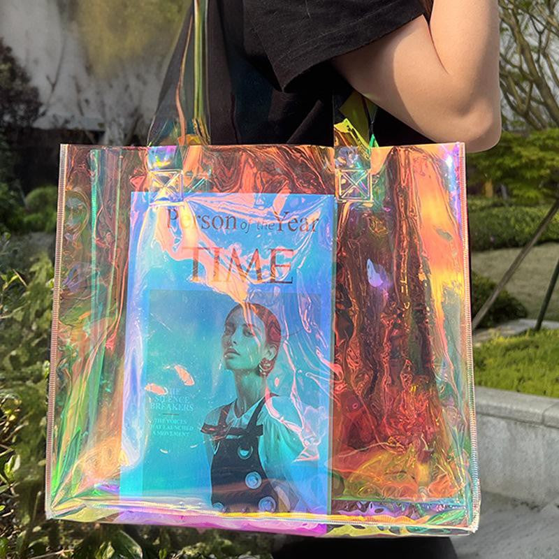 Iridescent Clear PVC Tote Bag W/ Holographic Handle