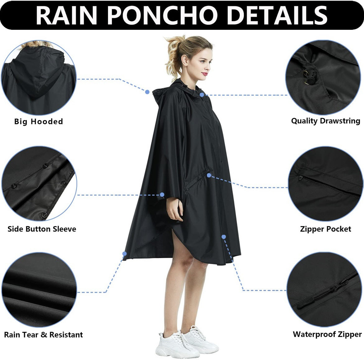 Multi-Functional Poncho Hooded Rain Poncho Waterproof Raincoat Jacket for Men Women Adults