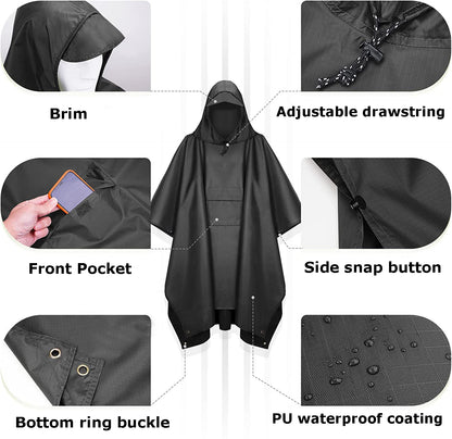 Multi-functional 3-in-1 Poncho Hooded Rain Poncho Waterproof Raincoat Jacket for Men Women Adults