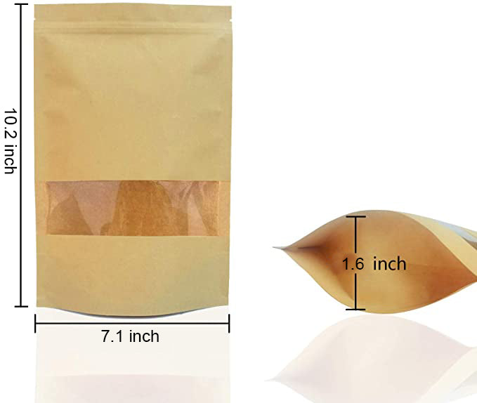 7.1 x 10.2" Kraft Bags with Window Stand Up Ziplock Seal Paper Bag Resealable Food Storage Pouch