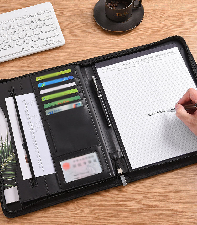 Debossed PU Leather Binder Portfolios Padfolio Binder Multi Functional Business Folder W/ Zipper