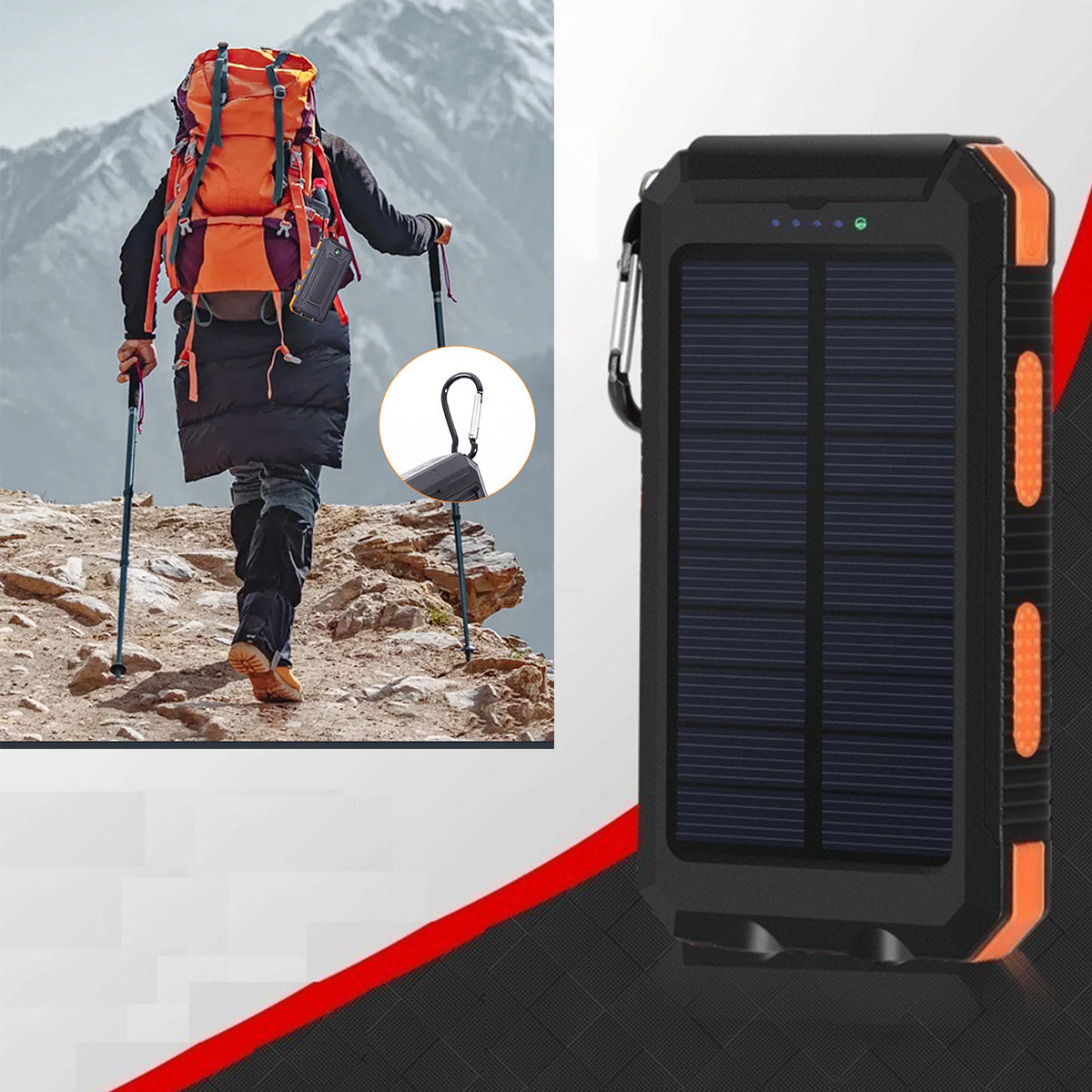 10,000 mAh Airplane Allowable Solar Power Bank W/ Compass Carabiner