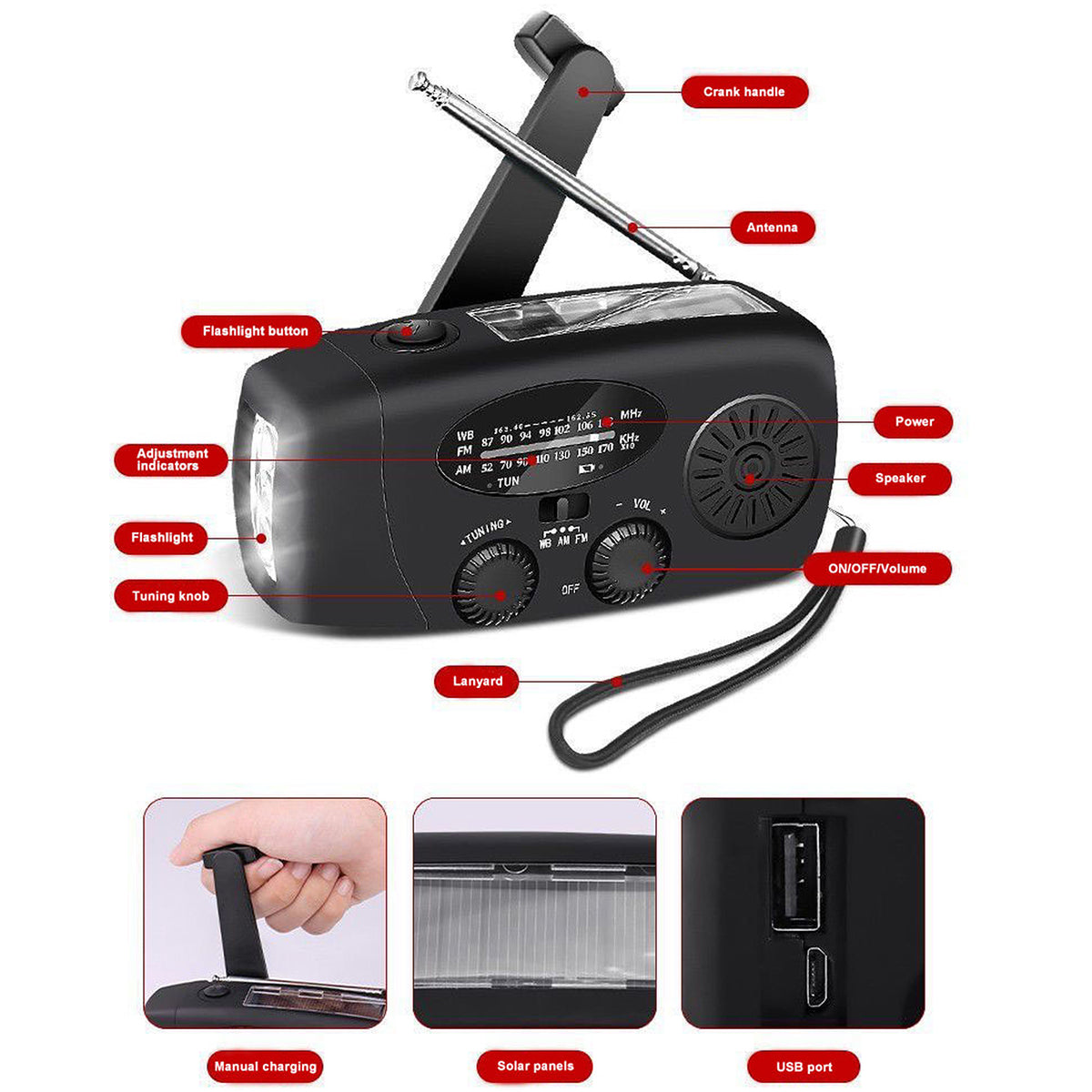 2000 mAh AM/FM NOAA Radio w/Cellphone Charger & Flashlight