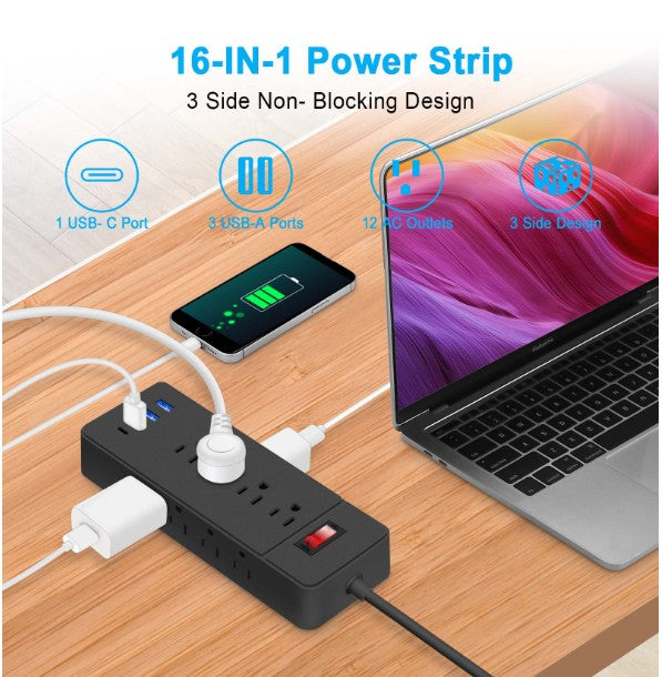 12 Outlets Surge Protector Power Strip w/ 3 USB Charging Ports