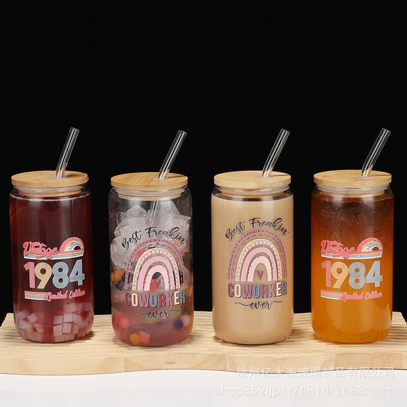 16oz Drinking Glass Cup with Bamboo Lid and Glass Straw